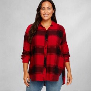 Athleta Women’s L Red Black Plaid Flannel Shirt Long Sleeve Button Front Relaxed